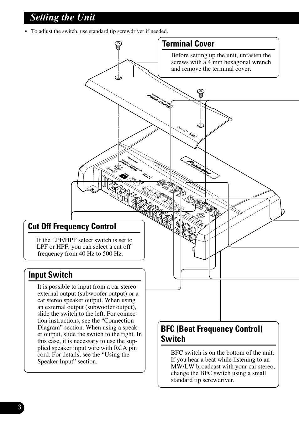 Setting the unit, Cut off frequency control, Bfc (beat frequency control) switch | Terminal cover, Input switch | Pioneer PRS-D410 User Manual | Page 4 / 99
