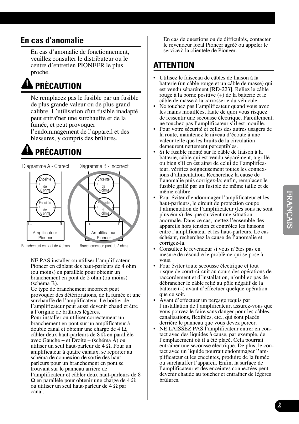 En cas d’anomalie précaution précaution attention, En cas d’anomalie, Précaution | Attention | Pioneer PRS-D410 User Manual | Page 45 / 99