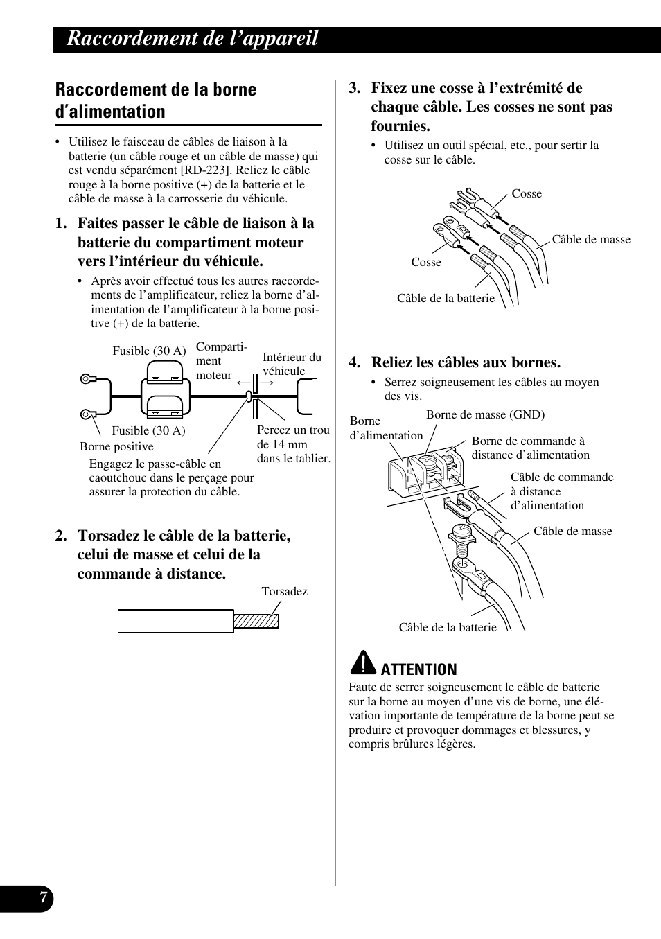 Raccordement de la borne d’alimentation, Raccordement de l’appareil | Pioneer PRS-D410 User Manual | Page 50 / 99