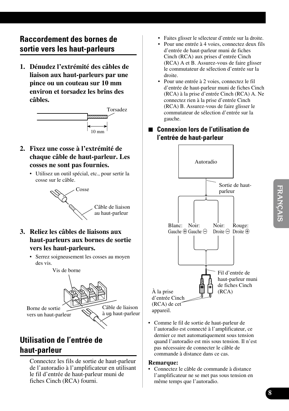 Raccordement des bornes de sortie vers, Les haut-parleurs, Utilisation de l’entrée de haut-parleur | Pioneer PRS-D410 User Manual | Page 51 / 99