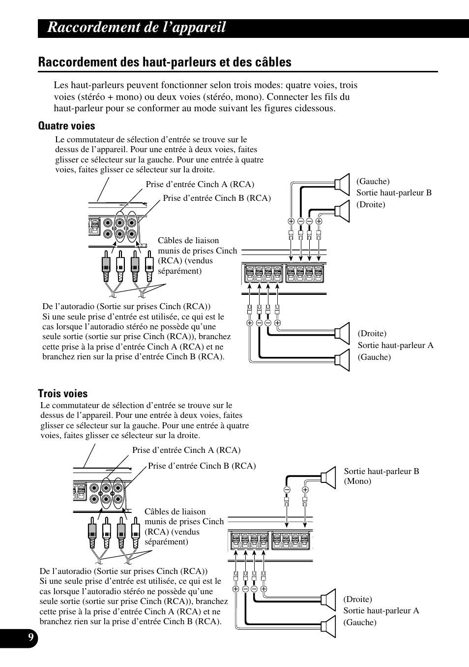 Raccordement des haut-parleurs et des, Câbles, Raccordement de l’appareil | Raccordement des haut-parleurs et des câbles | Pioneer PRS-D410 User Manual | Page 52 / 99