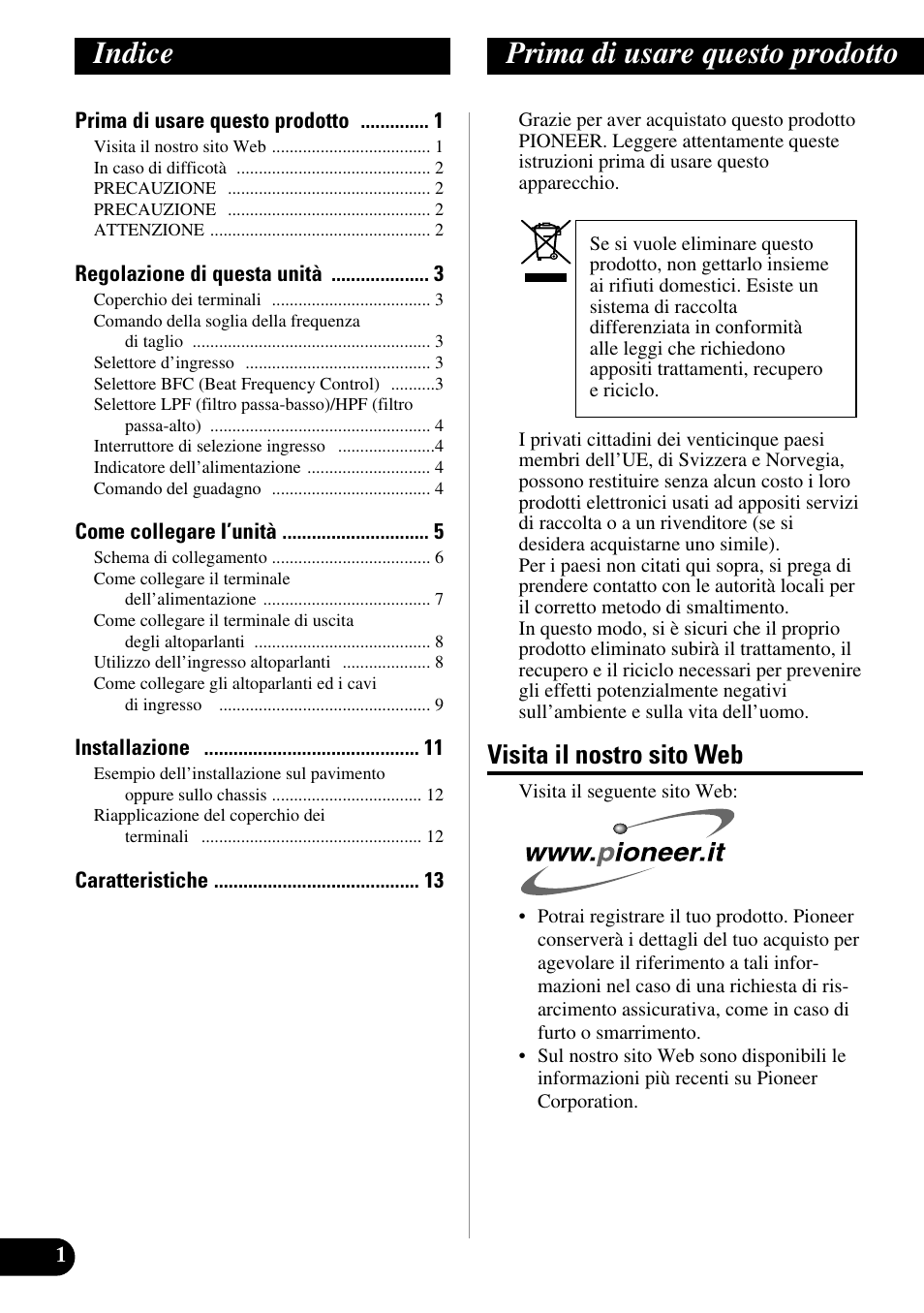 Italiano, Indice prima di usare questo prodotto, Visita il nostro sito web | Pioneer PRS-D410 User Manual | Page 58 / 99