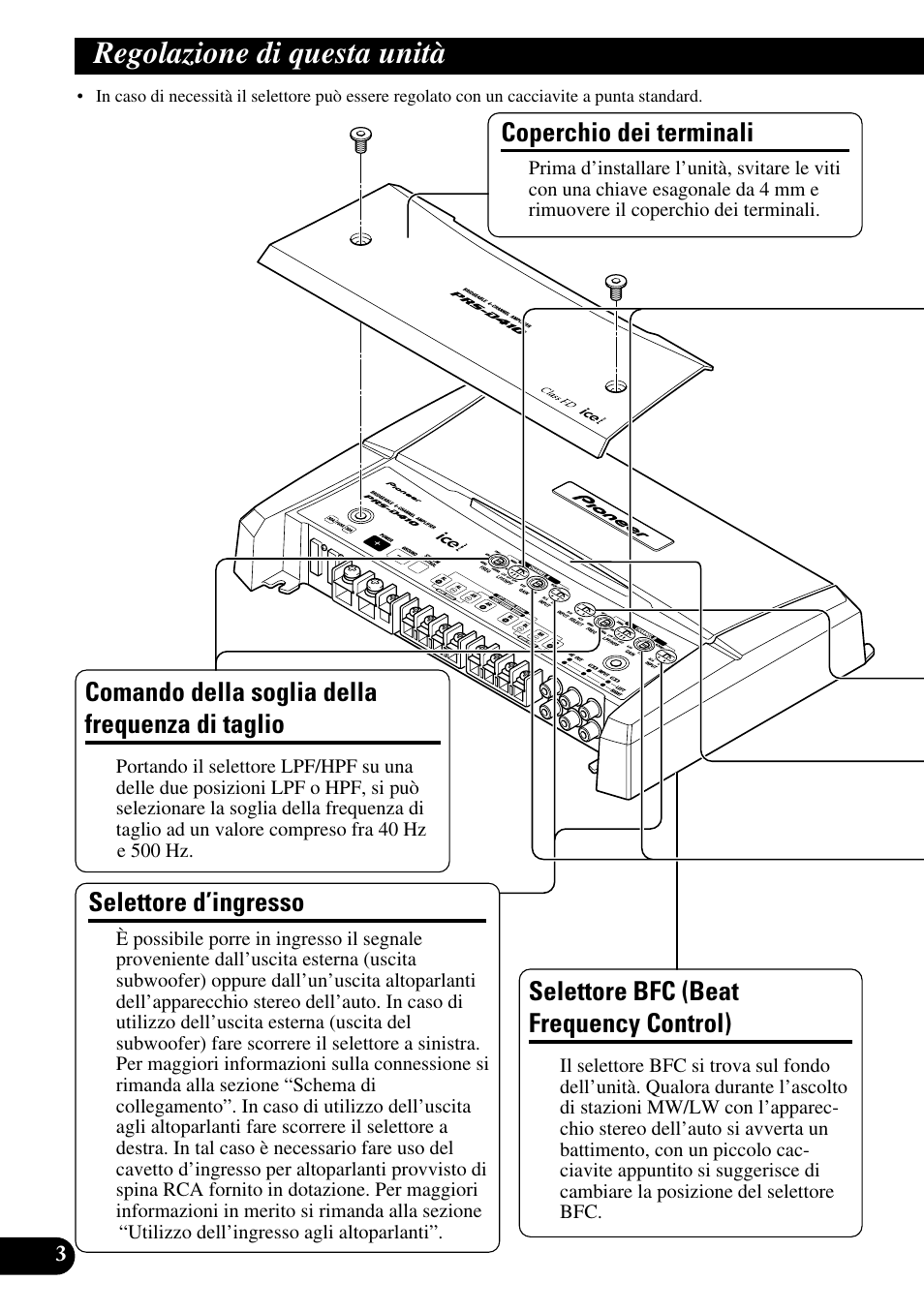 Regolazione di questa unità, Di taglio, Comando della soglia della frequenza di taglio | Selettore bfc (beat frequency control), Coperchio dei terminali, Selettore d’ingresso | Pioneer PRS-D410 User Manual | Page 60 / 99