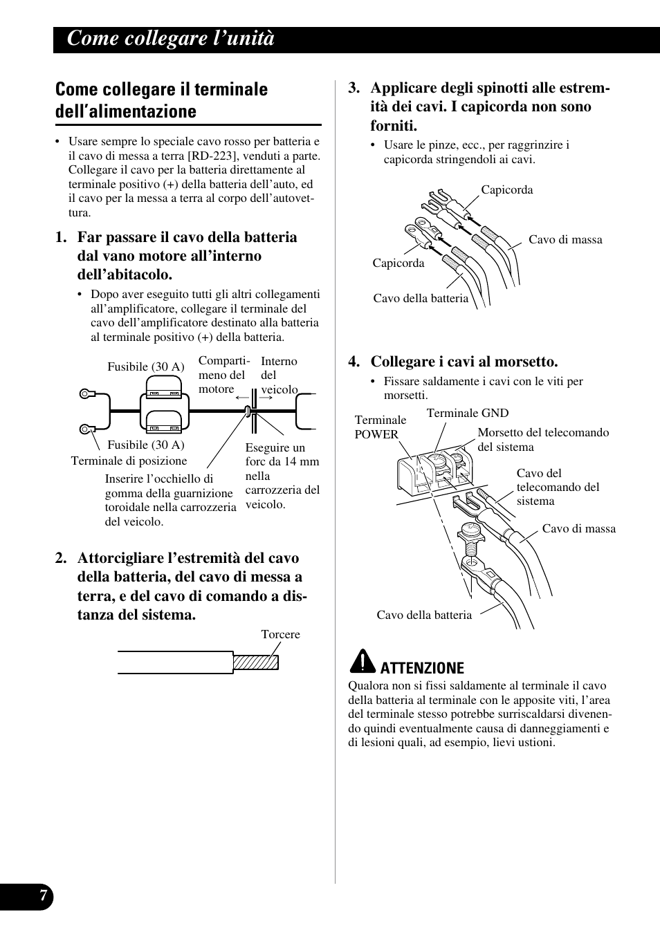Come collegare il terminale, Dell’alimentazione, Come collegare l’unità | Come collegare il terminale dell’alimentazione | Pioneer PRS-D410 User Manual | Page 64 / 99