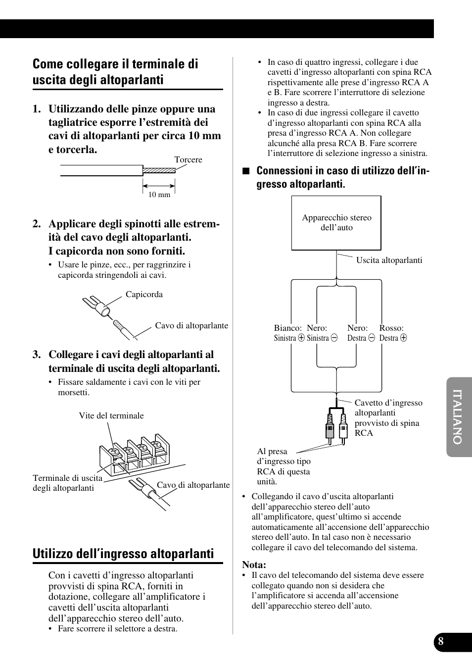 Come collegare il terminale di uscita, Degli altoparlanti, Utilizzo dell’ingresso altoparlanti | Pioneer PRS-D410 User Manual | Page 65 / 99