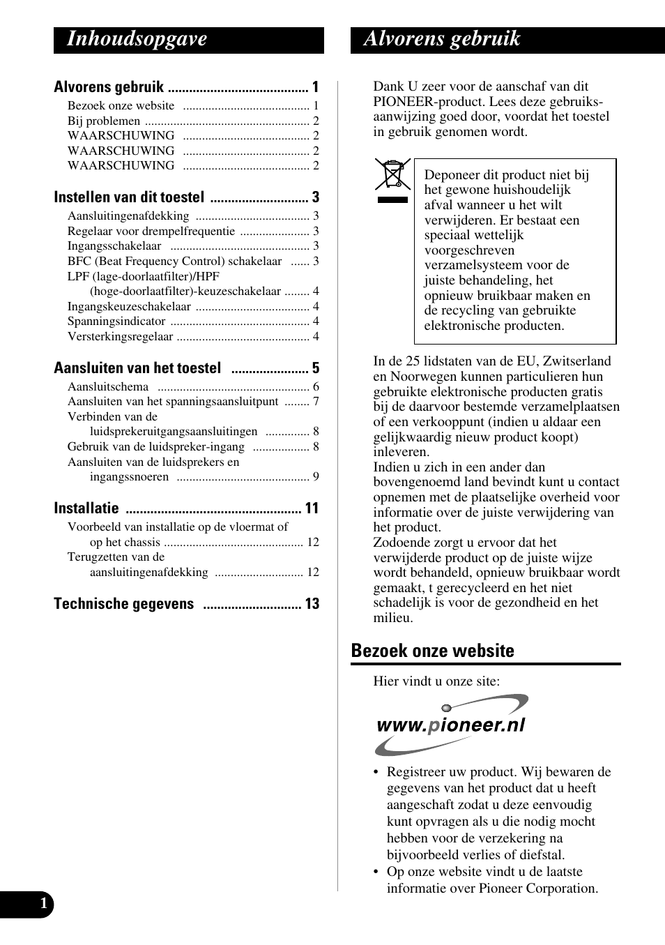 Nederlands, Inhoudsopgave alvorens gebruik, Bezoek onze website | Pioneer PRS-D410 User Manual | Page 72 / 99