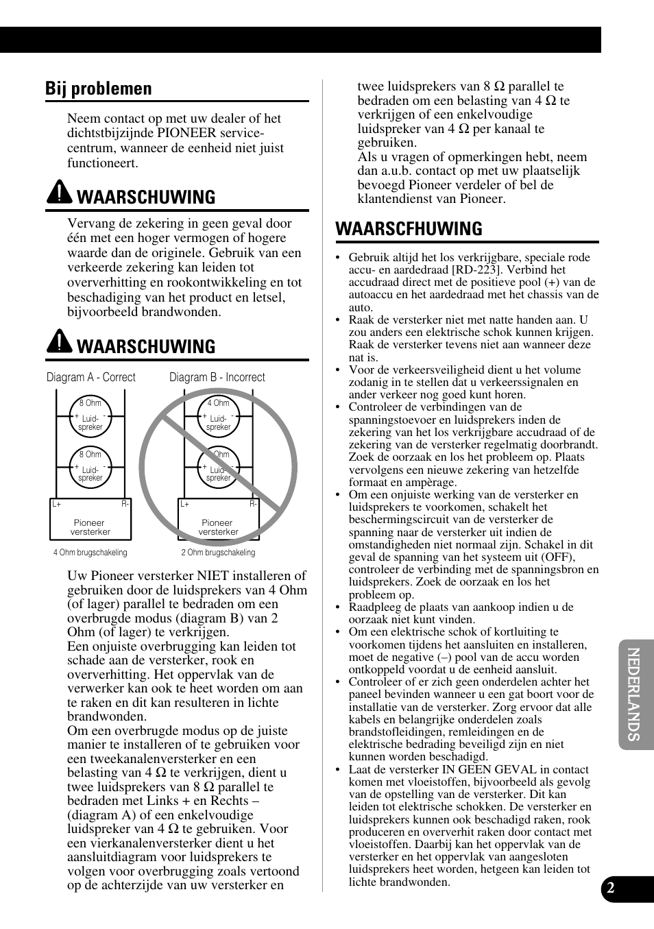 Bij problemen, Waarschuwing, Waarscfhuwing | Pioneer PRS-D410 User Manual | Page 73 / 99