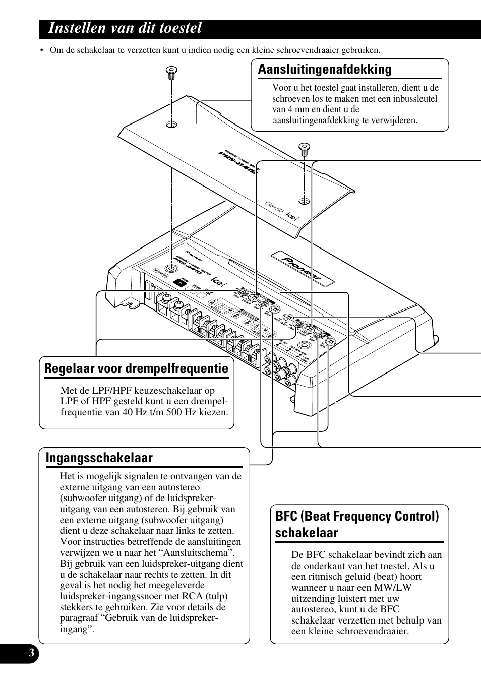 Instellen van dit toestel, Regelaar voor drempelfrequentie, Bfc (beat frequency control) schakelaar | Aansluitingenafdekking, Ingangsschakelaar | Pioneer PRS-D410 User Manual | Page 74 / 99