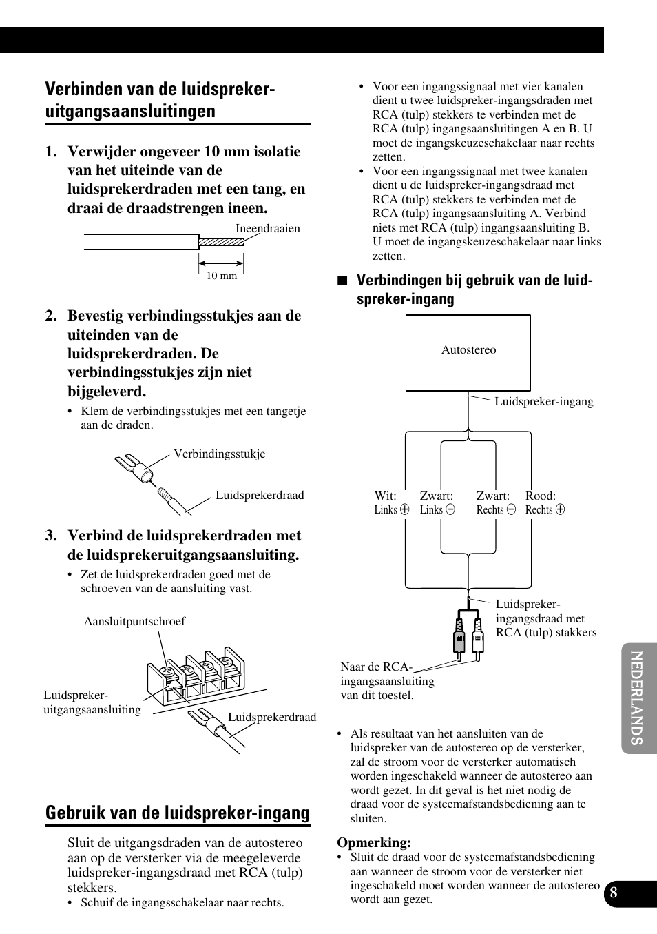 Verbinden van de, Luidsprekeruitgangsaansluitingen, Gebruik van de luidspreker-ingang | Pioneer PRS-D410 User Manual | Page 79 / 99