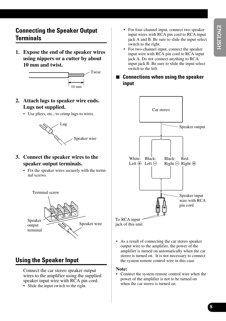 Connecting the speaker output terminals, Using the speaker input | Pioneer PRS-D410 User Manual | Page 9 / 99