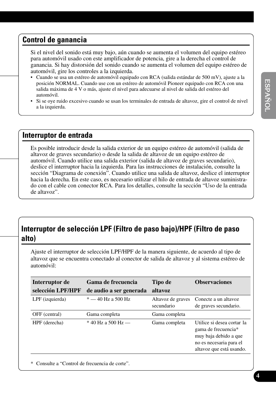 Bajo)/hpf (filtro de paso alto), Control de ganancia, Interruptor de entrada | Pioneer PRS-D210 User Manual | Page 17 / 86