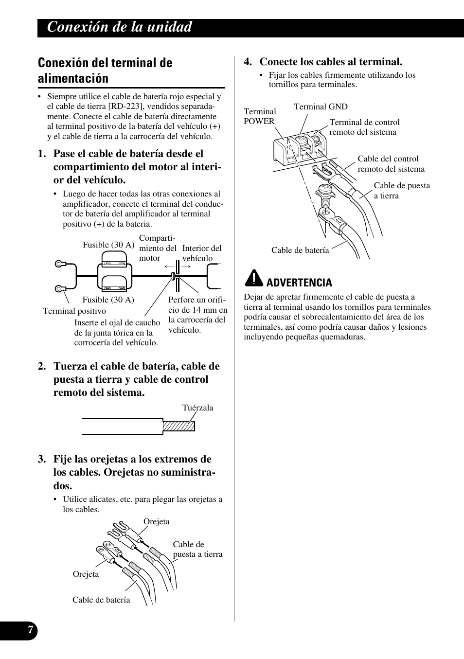 Conexión del terminal de alimentación, Conexión de la unidad | Pioneer PRS-D210 User Manual | Page 20 / 86