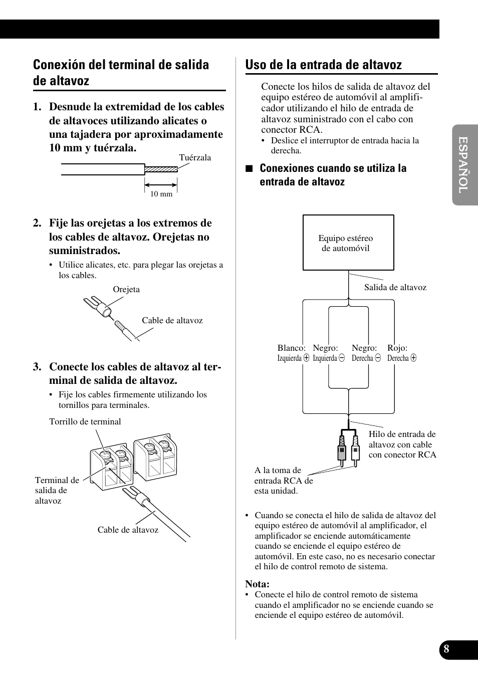 Conexión del terminal de salida de altavoz, Uso de la entrada de altavoz | Pioneer PRS-D210 User Manual | Page 21 / 86