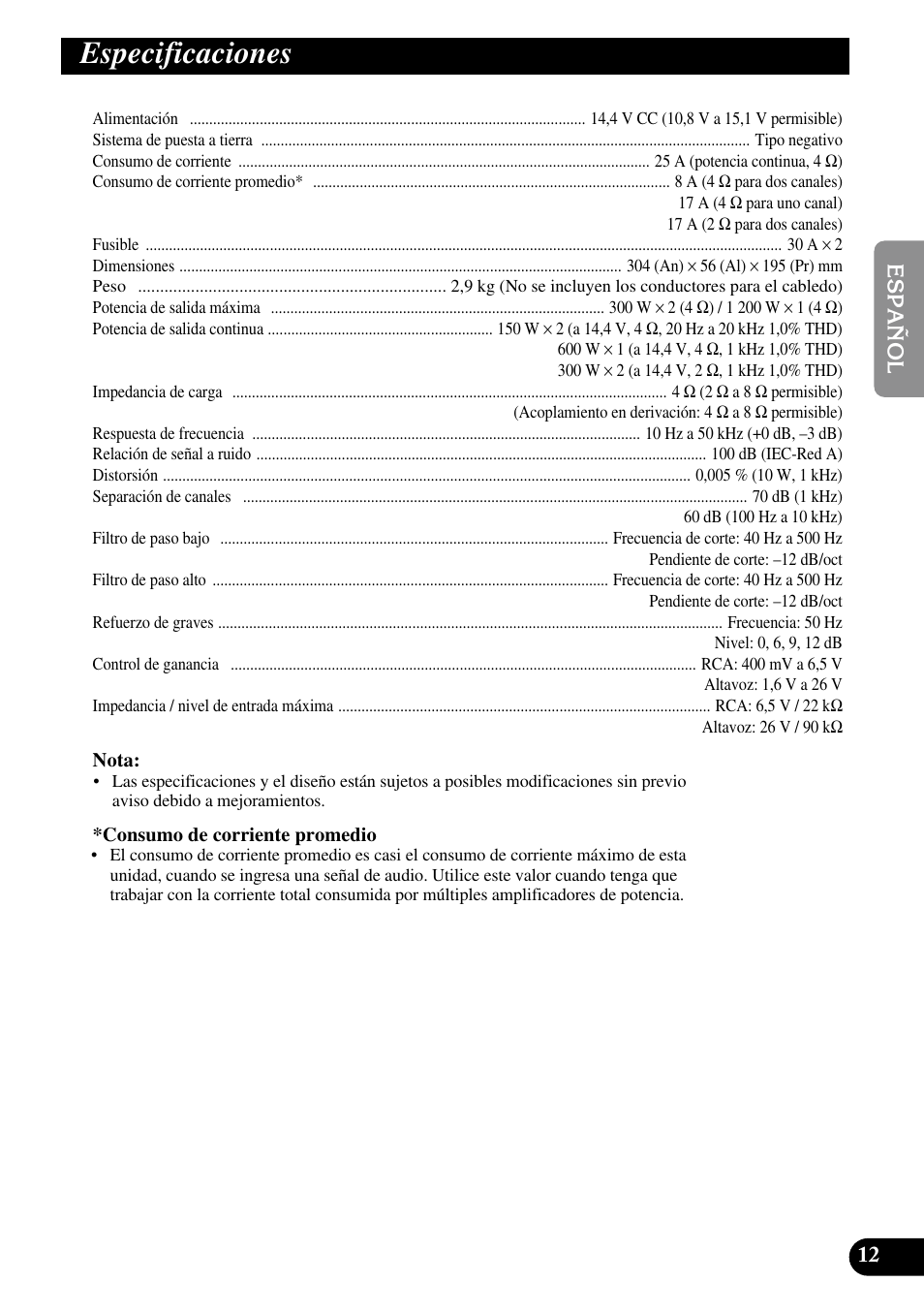 Especificaciones | Pioneer PRS-D210 User Manual | Page 25 / 86