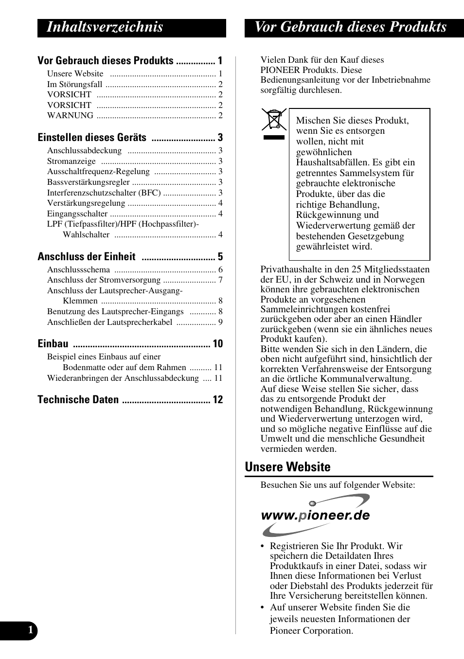 Deutsch, Inhaltsverzeichnis vor gebrauch dieses produkts, Unsere website | Pioneer PRS-D210 User Manual | Page 26 / 86