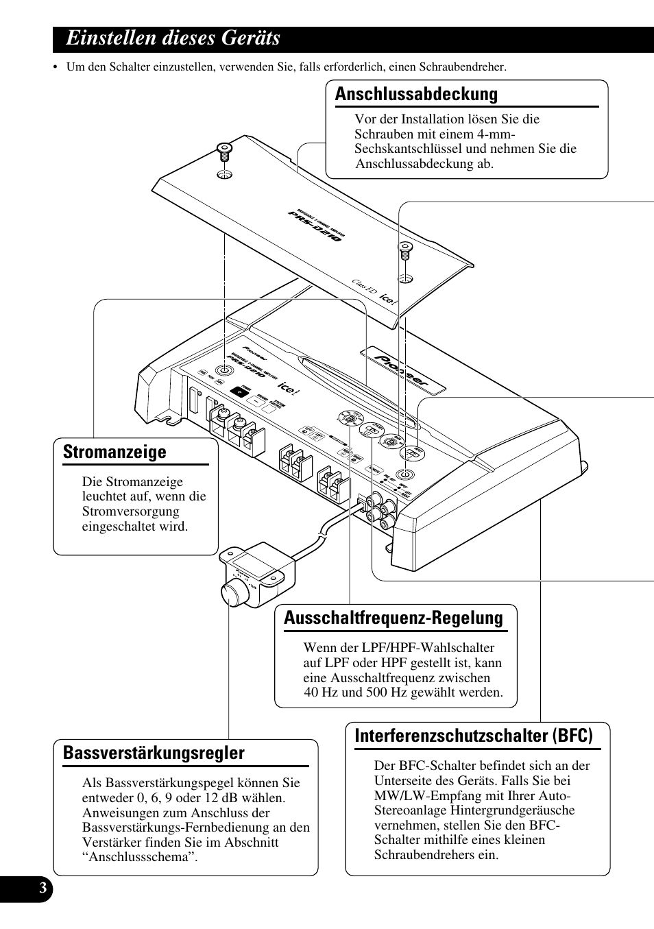 Einstellen dieses geräts, Stromanzeige, Ausschaltfrequenz-regelung | Interferenzschutzschalter (bfc), Anschlussabdeckung, Bassverstärkungsregler | Pioneer PRS-D210 User Manual | Page 28 / 86