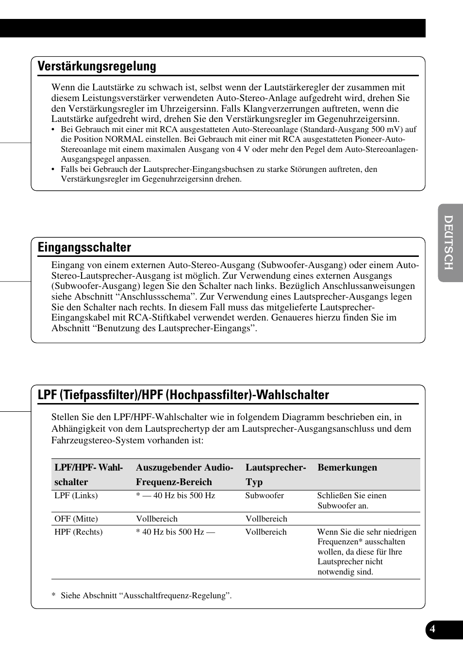 Wahlschalter, Verstärkungsregelung, Eingangsschalter | Pioneer PRS-D210 User Manual | Page 29 / 86