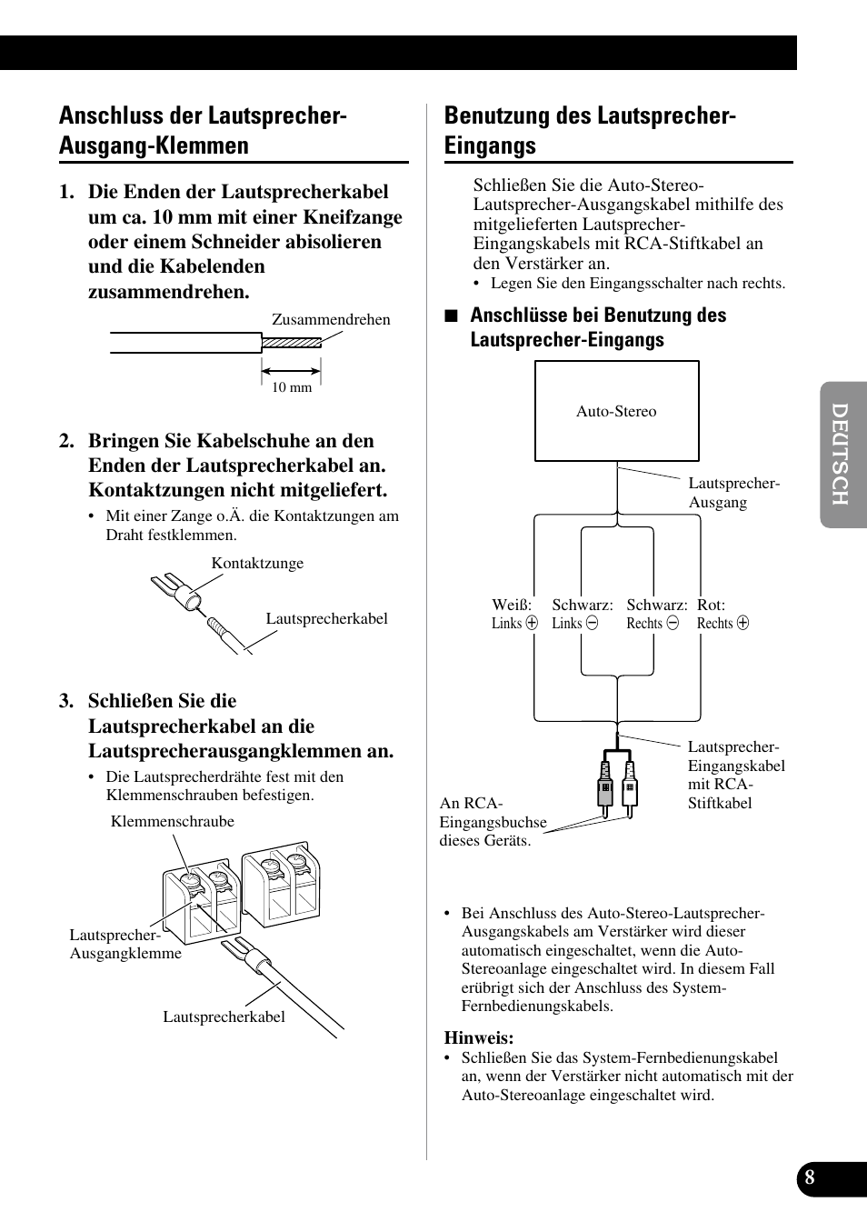 Anschluss der lautsprecher-ausgang, Klemmen, Benutzung des lautsprecher-eingangs | Anschluss der lautsprecher- ausgang-klemmen, Benutzung des lautsprecher- eingangs | Pioneer PRS-D210 User Manual | Page 33 / 86
