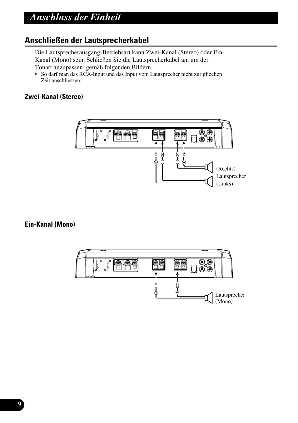 Anschließen der lautsprecherkabel, Anschluss der einheit | Pioneer PRS-D210 User Manual | Page 34 / 86