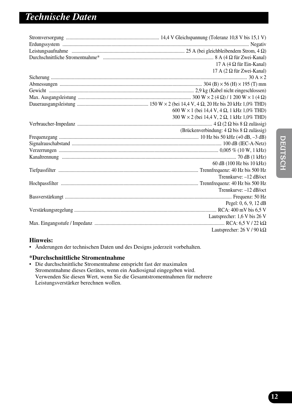 Technische daten | Pioneer PRS-D210 User Manual | Page 37 / 86