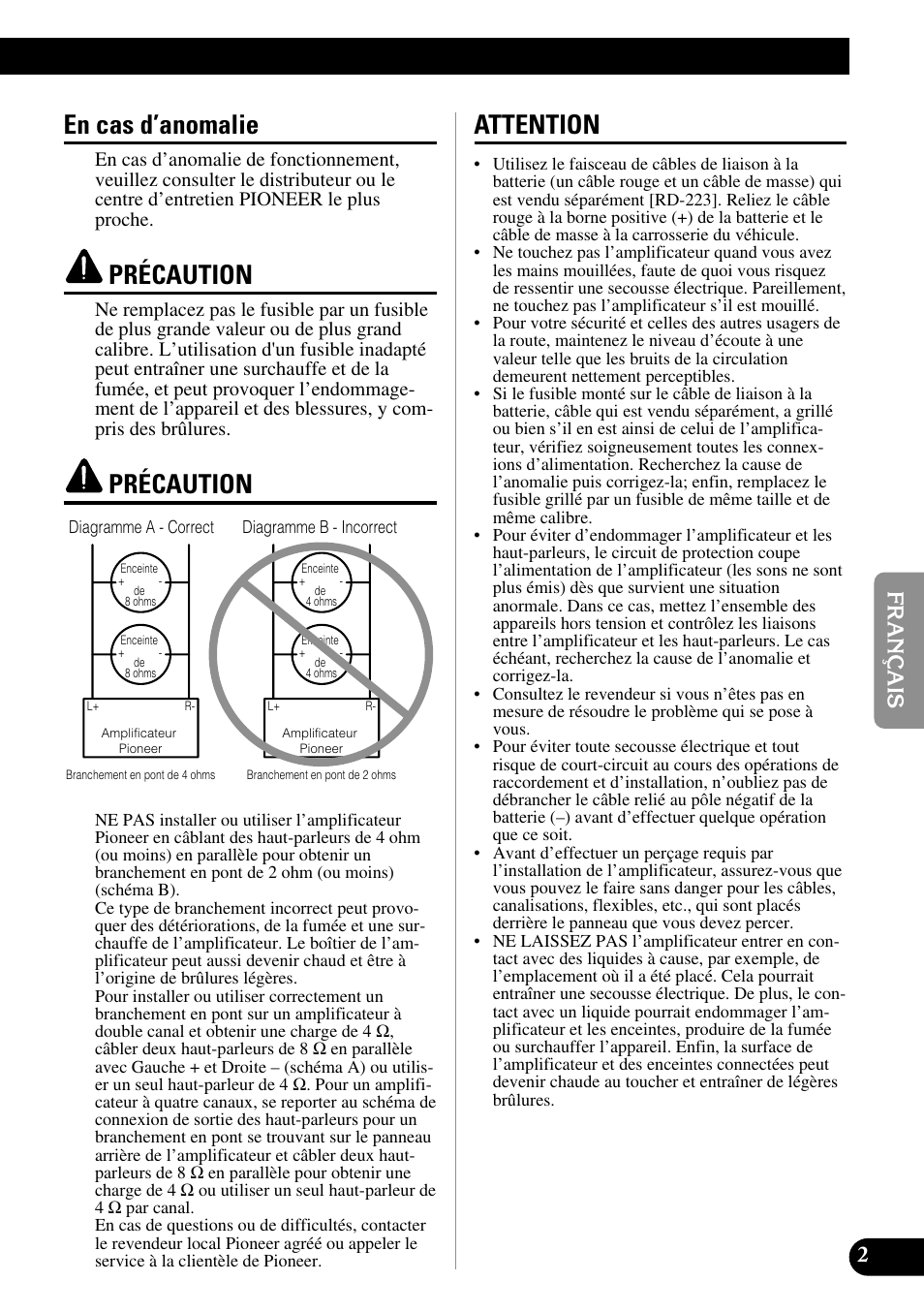 En cas d’anomalie précaution précaution attention, En cas d’anomalie, Précaution | Attention | Pioneer PRS-D210 User Manual | Page 39 / 86