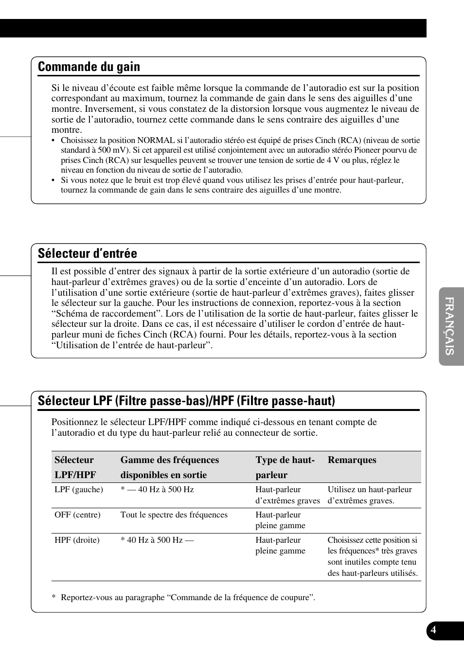 Hpf (filtre passe-haut), Commande du gain, Sélecteur d’entrée | Pioneer PRS-D210 User Manual | Page 41 / 86