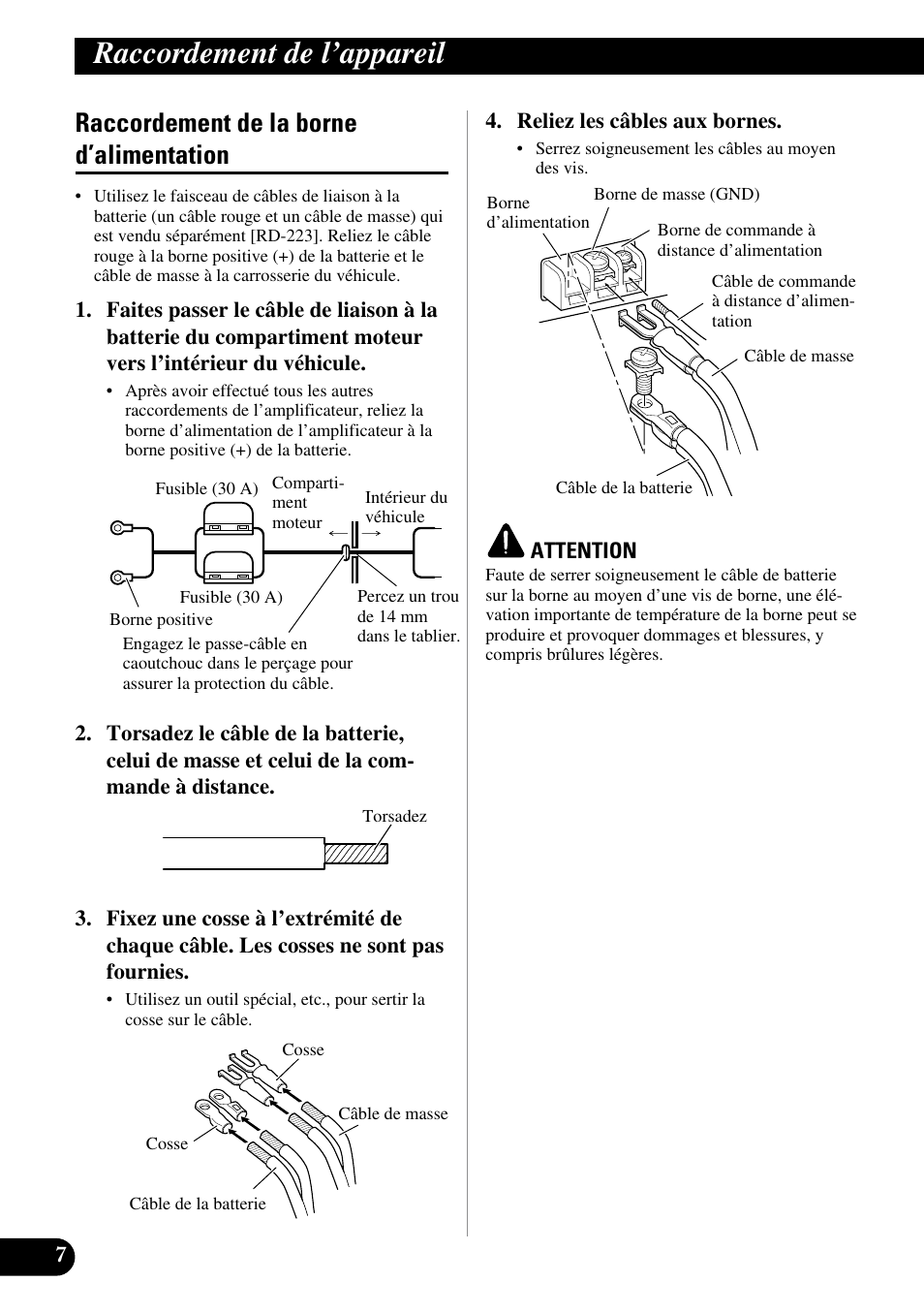 Raccordement de la borne d’alimentation, Raccordement de l’appareil | Pioneer PRS-D210 User Manual | Page 44 / 86