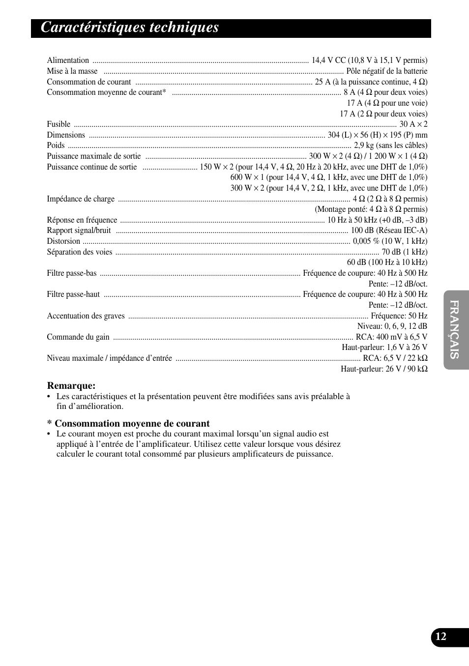 Caractéristiques techniques | Pioneer PRS-D210 User Manual | Page 49 / 86