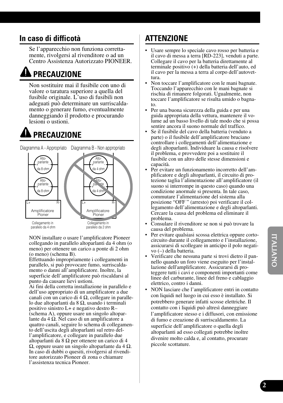 Precauzione, Attenzione | Pioneer PRS-D210 User Manual | Page 51 / 86