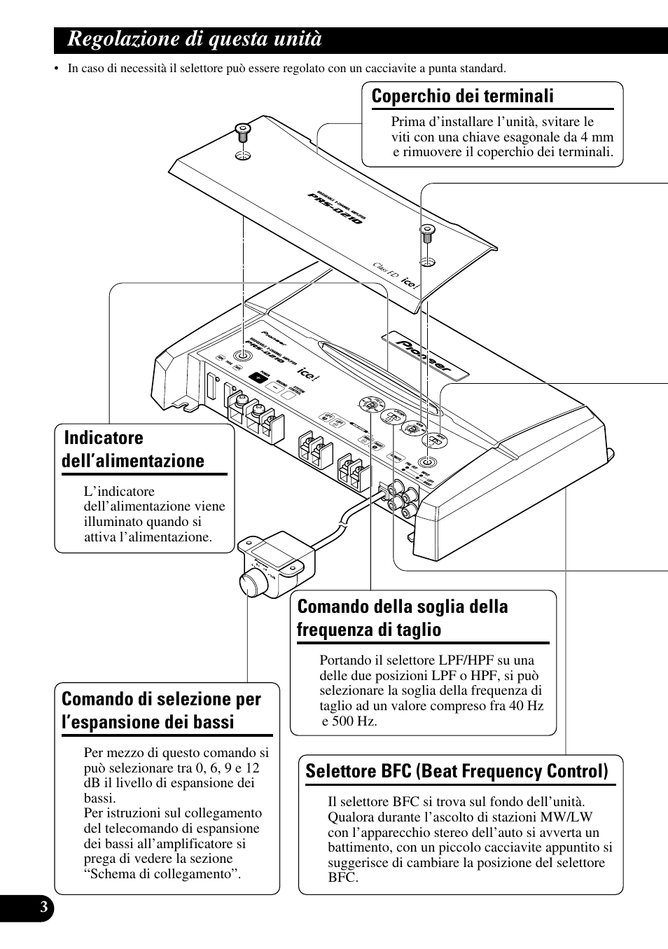 Regolazione di questa unità, Di taglio, Comando di selezione per l’espansione | Dei bassi, Selettore bfc (beat frequency control), Indicatore dell’alimentazione, Comando della soglia della frequenza di taglio, Coperchio dei terminali, Comando di selezione per l’espansione dei bassi | Pioneer PRS-D210 User Manual | Page 52 / 86