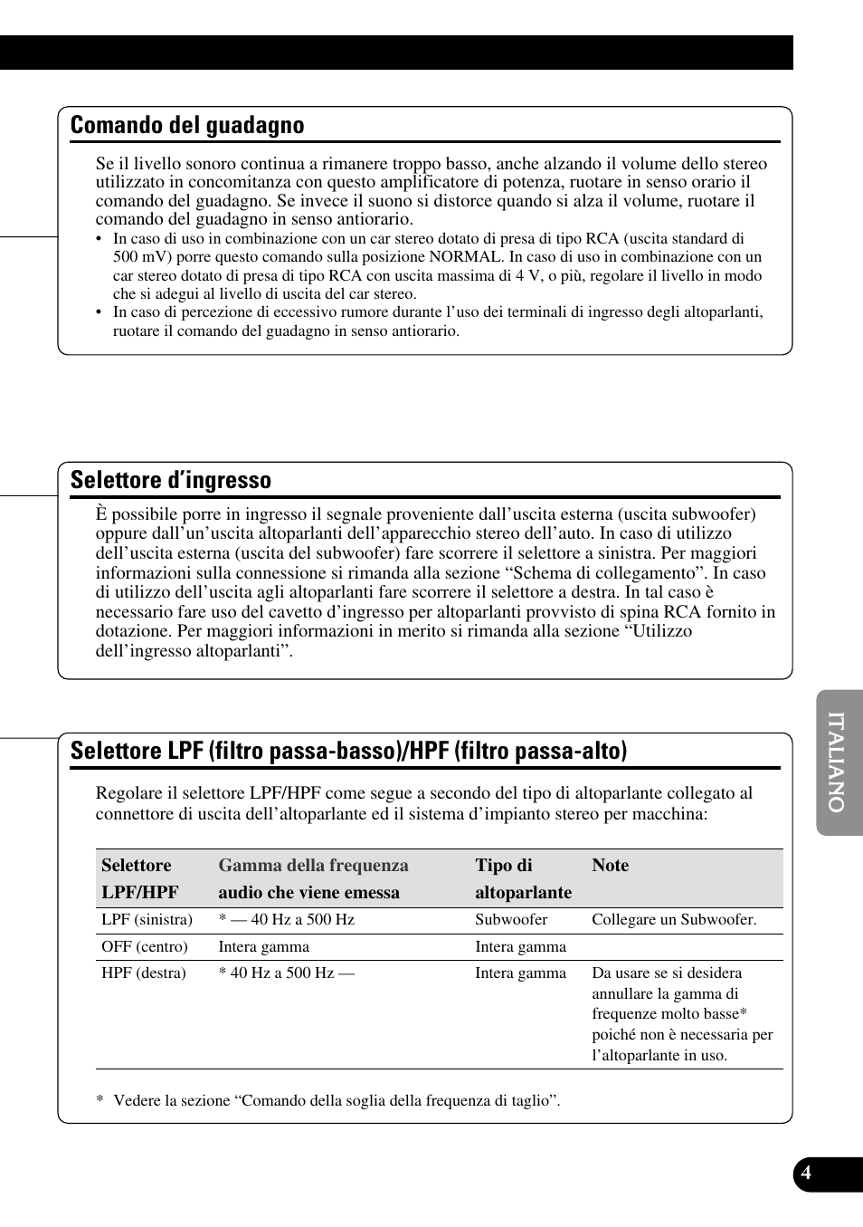 Hpf (filtro passa-alto), Comando del guadagno, Selettore d’ingresso | Pioneer PRS-D210 User Manual | Page 53 / 86