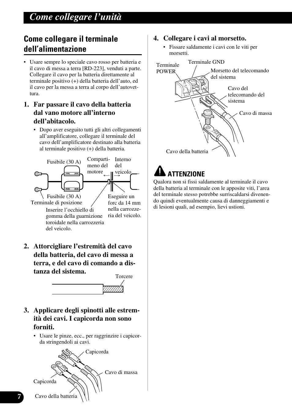 Come collegare il terminale, Dell’alimentazione, Come collegare l’unità | Come collegare il terminale dell’alimentazione | Pioneer PRS-D210 User Manual | Page 56 / 86