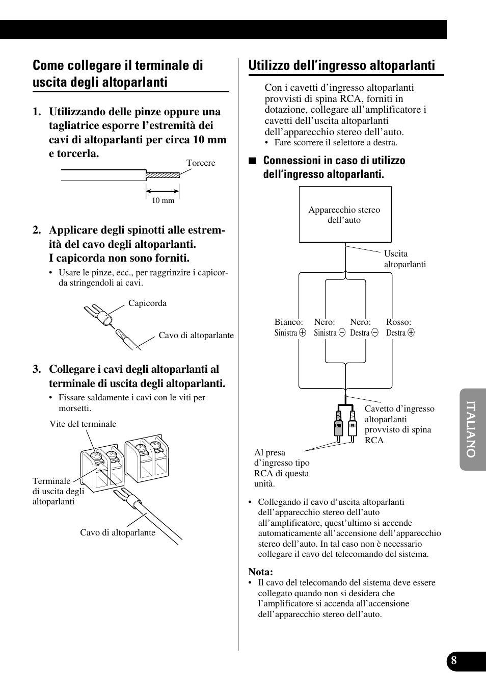 Come collegare il terminale di uscita degli, Altoparlanti, Utilizzo dell’ingresso altoparlanti | Pioneer PRS-D210 User Manual | Page 57 / 86