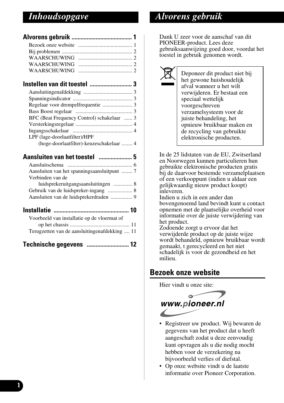 Nederlands, Inhoudsopgave alvorens gebruik, Bezoek onze website | Pioneer PRS-D210 User Manual | Page 62 / 86