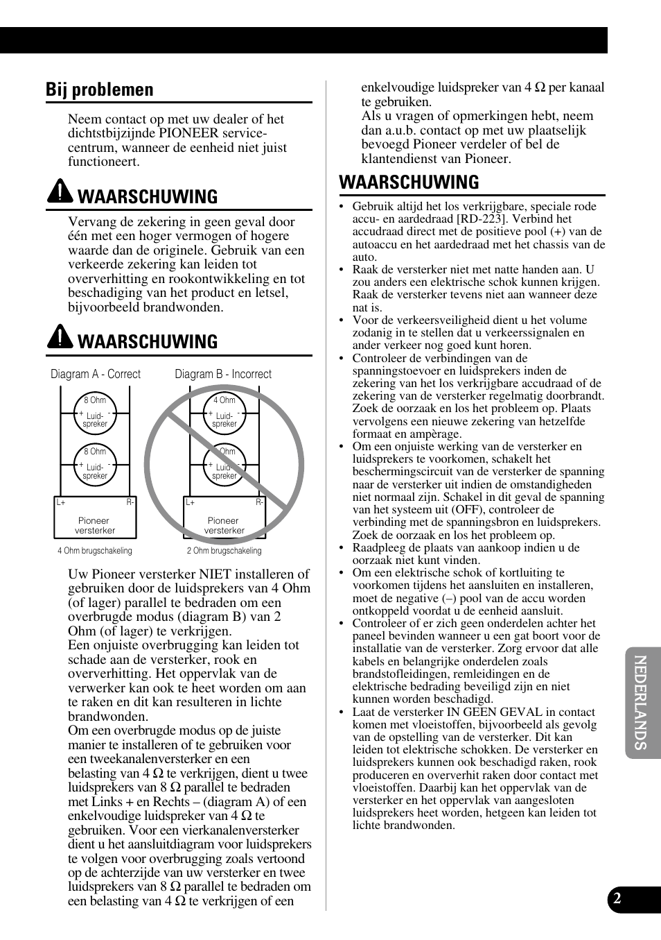 Bij problemen, Waarschuwing | Pioneer PRS-D210 User Manual | Page 63 / 86