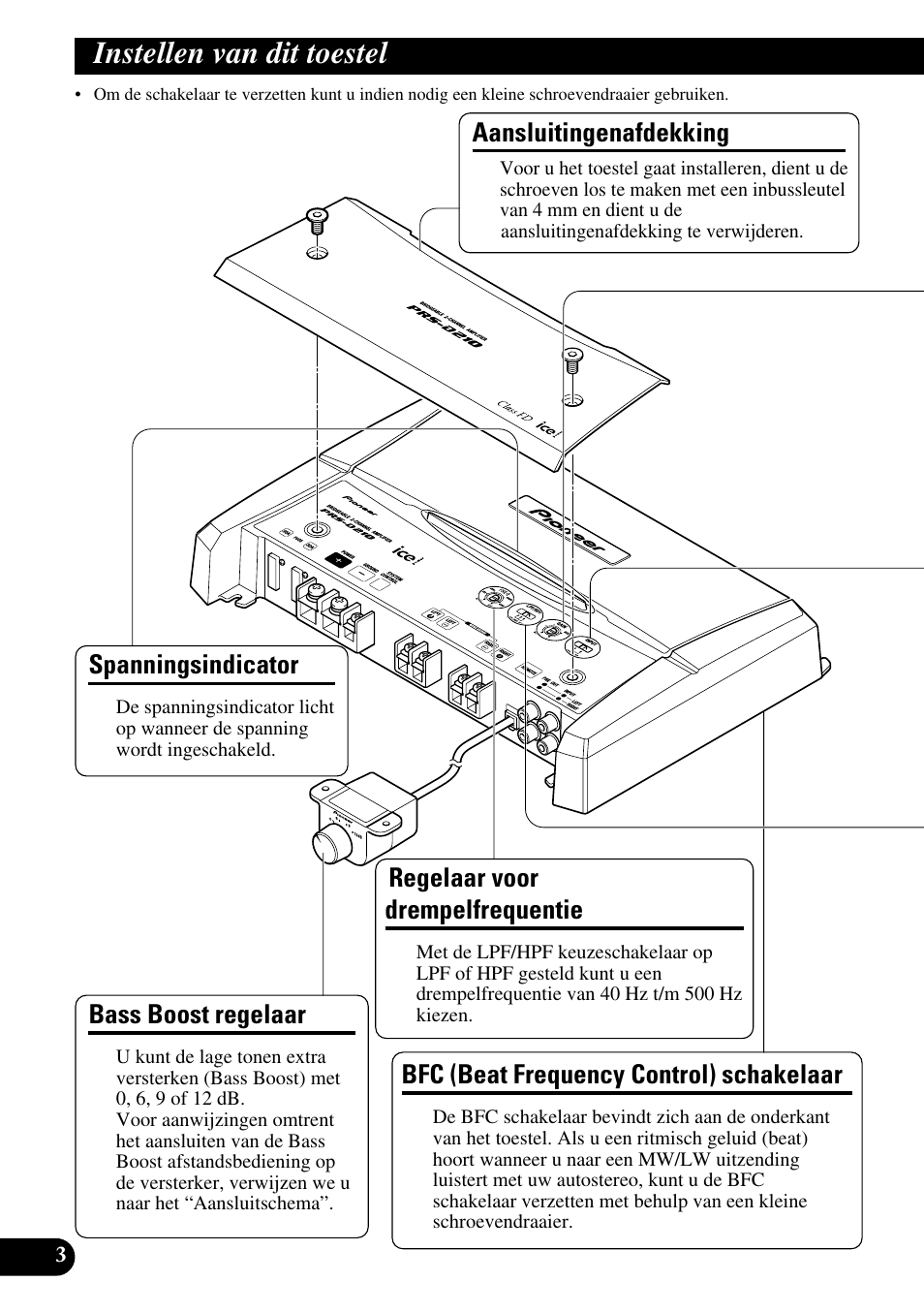 Instellen van dit toestel, Spanningsindicator, Bass boost regelaar | Regelaar voor drempelfrequentie, Aansluitingenafdekking, Bfc (beat frequency control) schakelaar | Pioneer PRS-D210 User Manual | Page 64 / 86