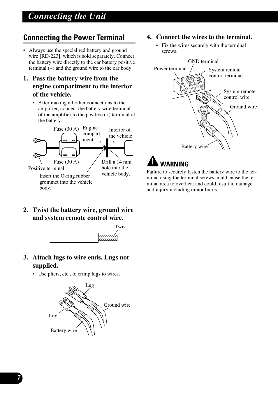 Connecting the power terminal, Connecting the unit | Pioneer PRS-D210 User Manual | Page 8 / 86