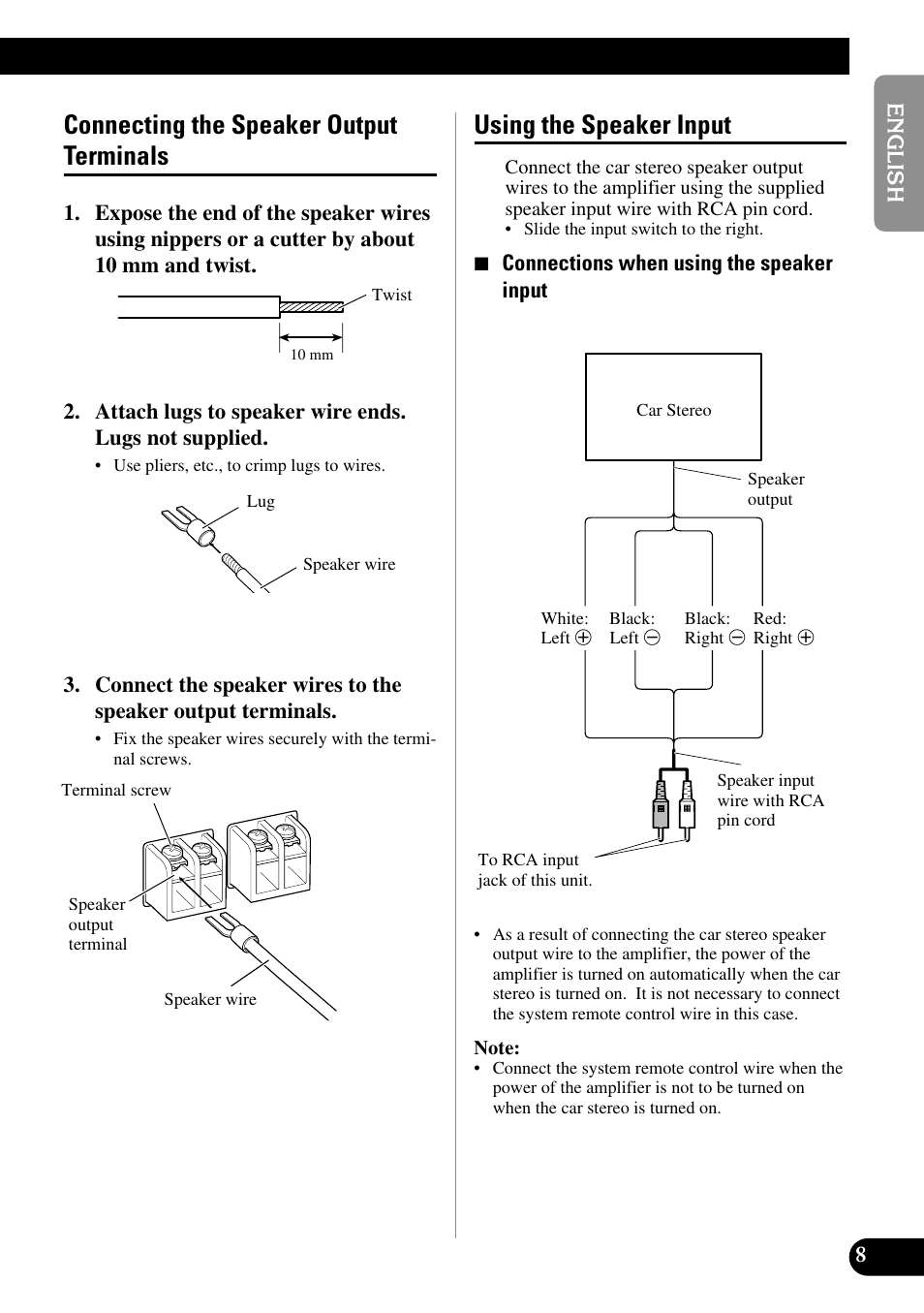 Connecting the speaker output terminals, Using the speaker input | Pioneer PRS-D210 User Manual | Page 9 / 86