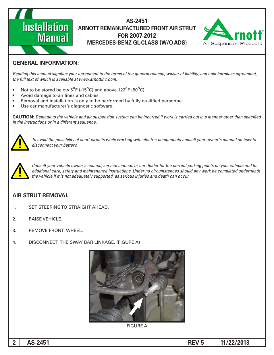 Arnott remanufactured front air strut for, Mercedes-benz gl-class (w/o ads) | Air Suspension AS-2451 REV 5 User Manual | Page 2 / 5