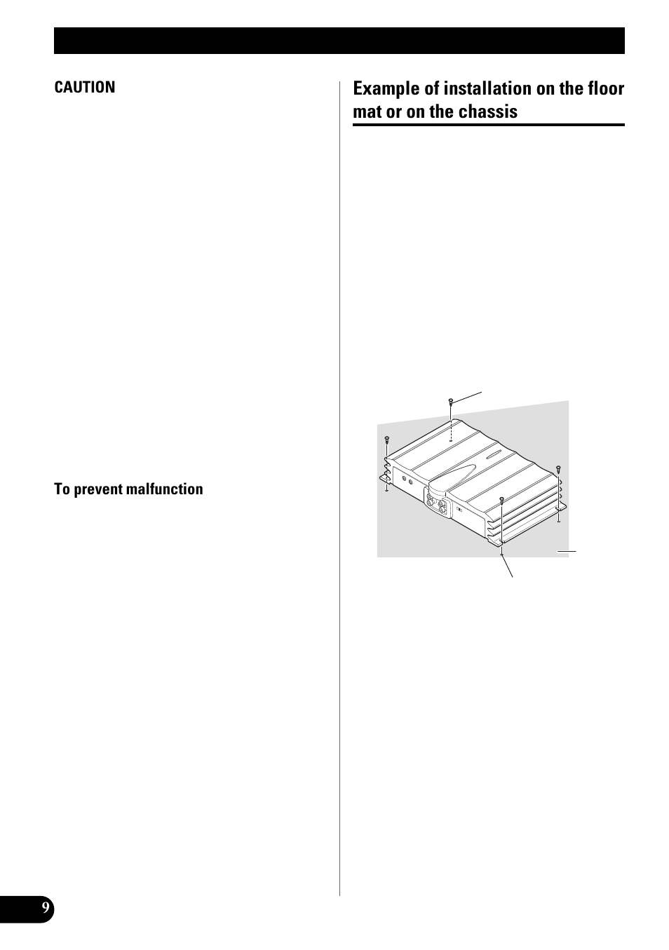 Installation, Example of installation on the floor mat, Or on the chassis | Pioneer GM-X642 User Manual | Page 10 / 64