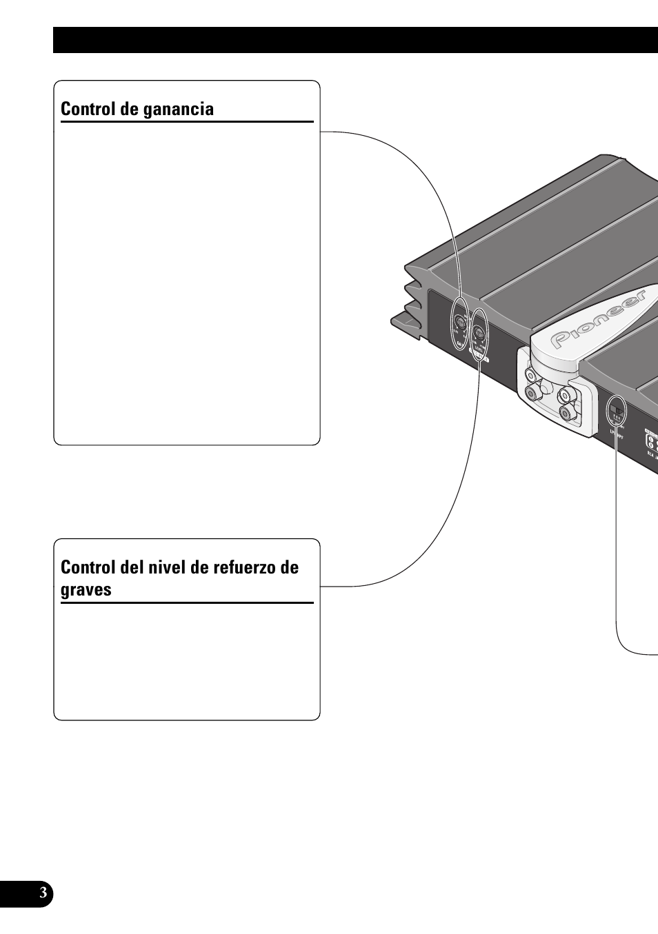 Ajuste de esta unidad, Control de ganancia, Control del nivel de refuerzo de graves | Pioneer GM-X642 User Manual | Page 14 / 64