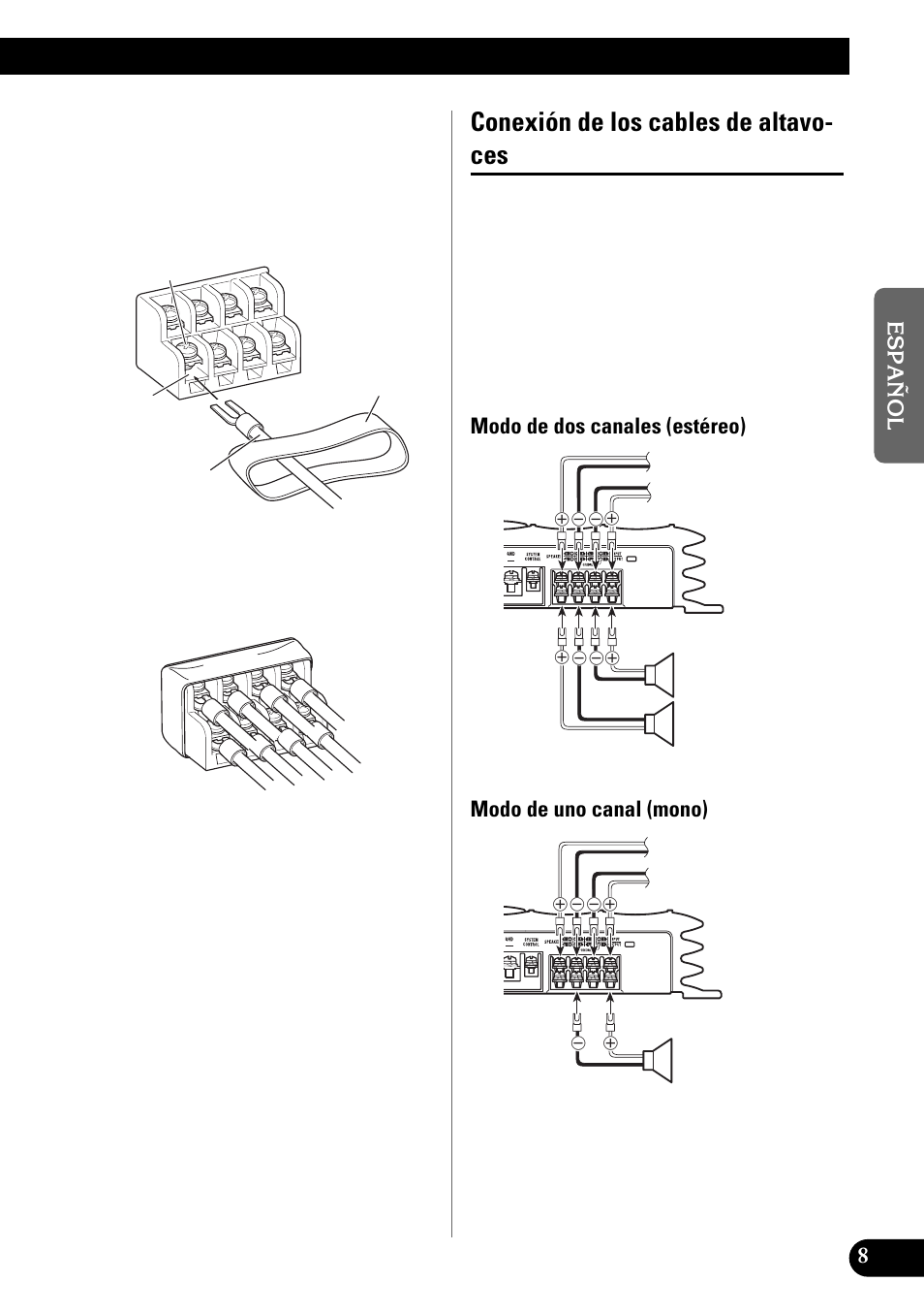 Conexión de los cables de altavoces, Conexión de los cables de altavo- ces | Pioneer GM-X642 User Manual | Page 19 / 64