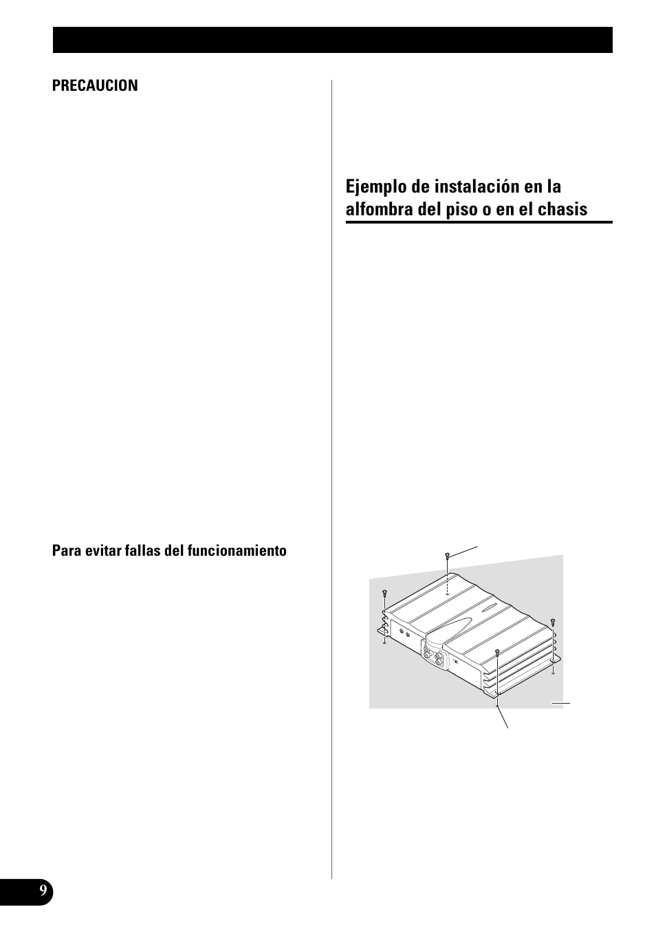 Instalación, Ejemplo de instalación en la alfombra, Del piso o en el chasis | Pioneer GM-X642 User Manual | Page 20 / 64