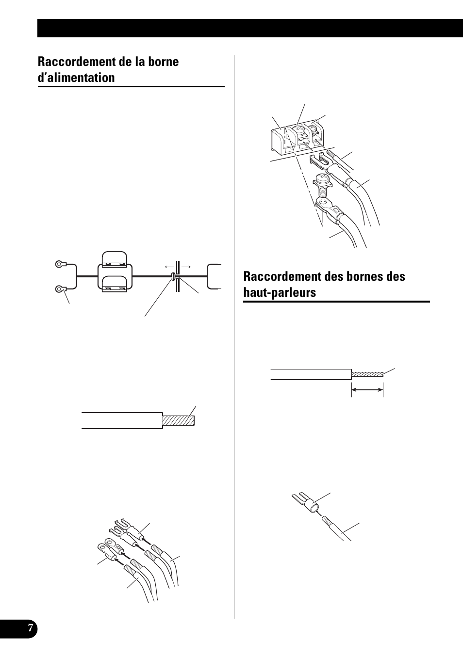 Haut-parleurs, Raccordement de l’appareil, Raccordement de la borne d’alimentation | Raccordement des bornes des haut-parleurs | Pioneer GM-X642 User Manual | Page 38 / 64