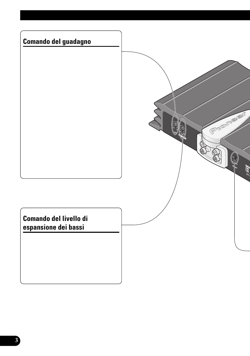 Regolazione di questa unità, Dei bassi, Comando del guadagno | Comando del livello di espansione dei bassi | Pioneer GM-X642 User Manual | Page 44 / 64