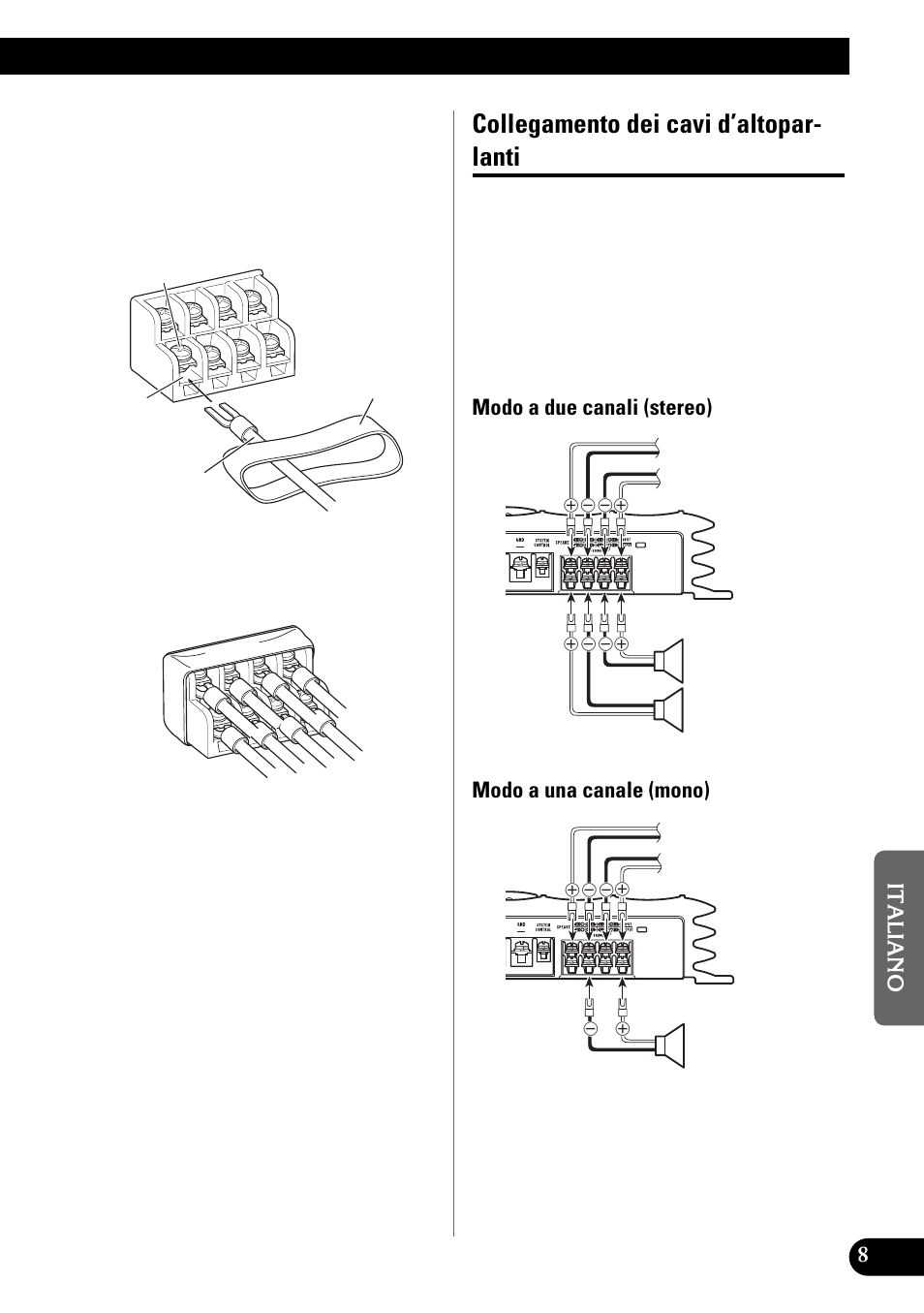 Collegamento dei cavi d’altoparlanti, Collegamento dei cavi d’altopar- lanti | Pioneer GM-X642 User Manual | Page 49 / 64