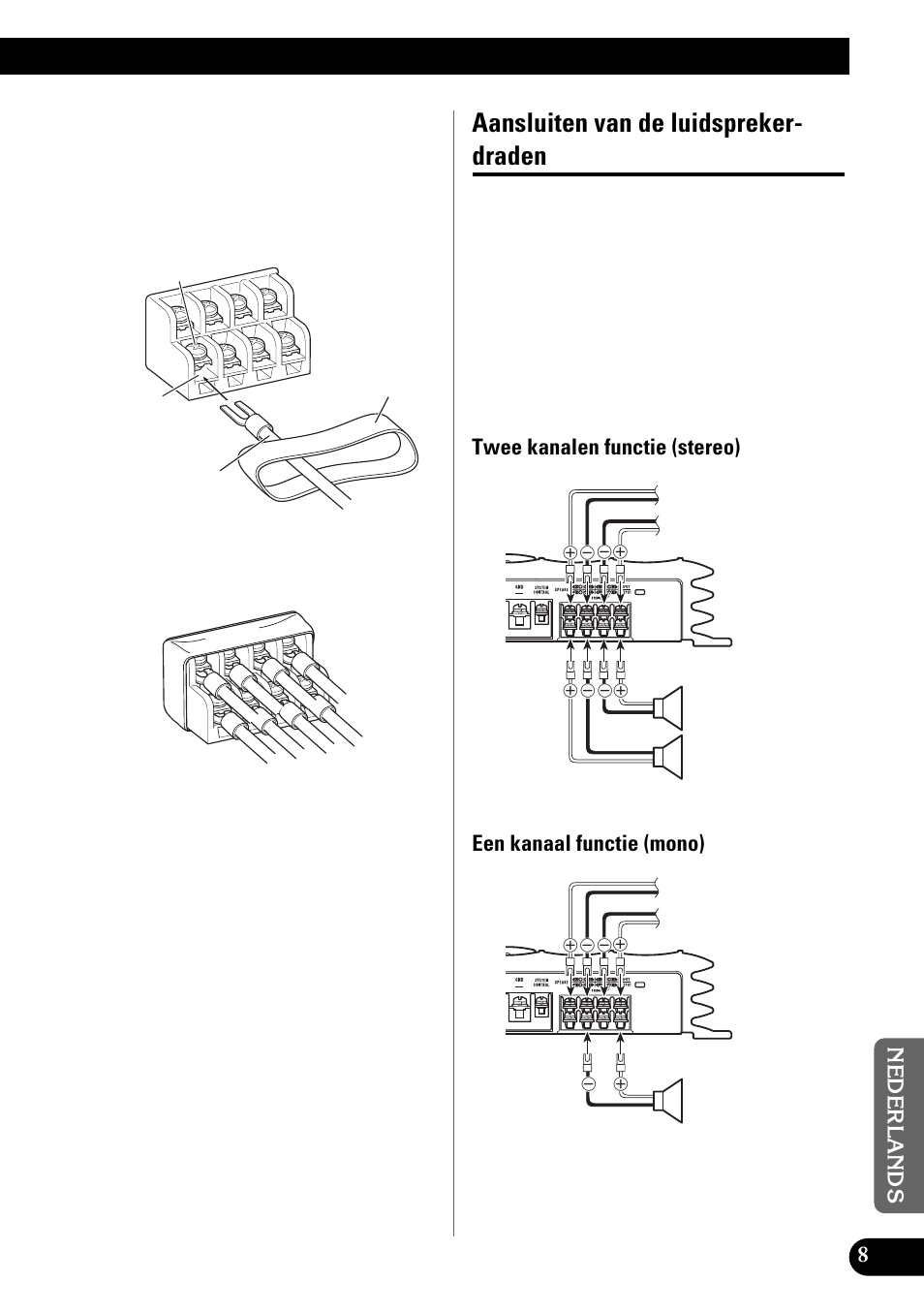 Aansluiten van de luidsprekerdraden, Aansluiten van de luidspreker- draden, Druk op de aansluitingafdekking | Pioneer GM-X642 User Manual | Page 59 / 64