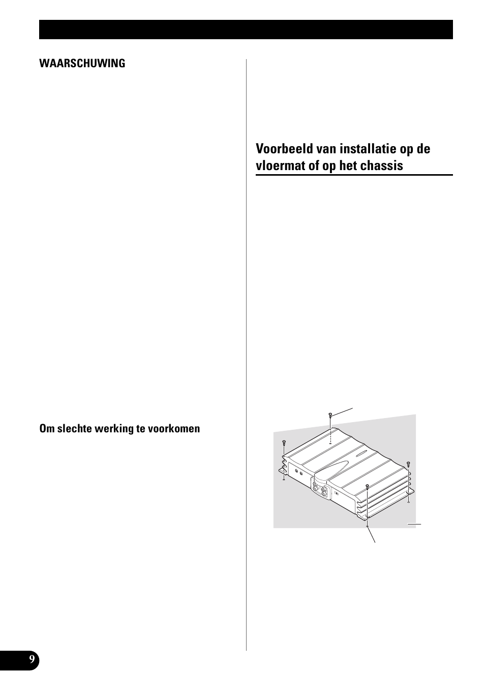 Installatie, Voorbeeld van installatie op de vloermat of, Op het chassis | Pioneer GM-X642 User Manual | Page 60 / 64