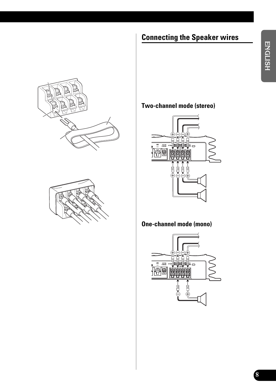 Connecting the speaker wires, Push on the terminal cover, Two-channel mode (stereo) one-channel mode (mono) | Pioneer GM-X642 User Manual | Page 9 / 64