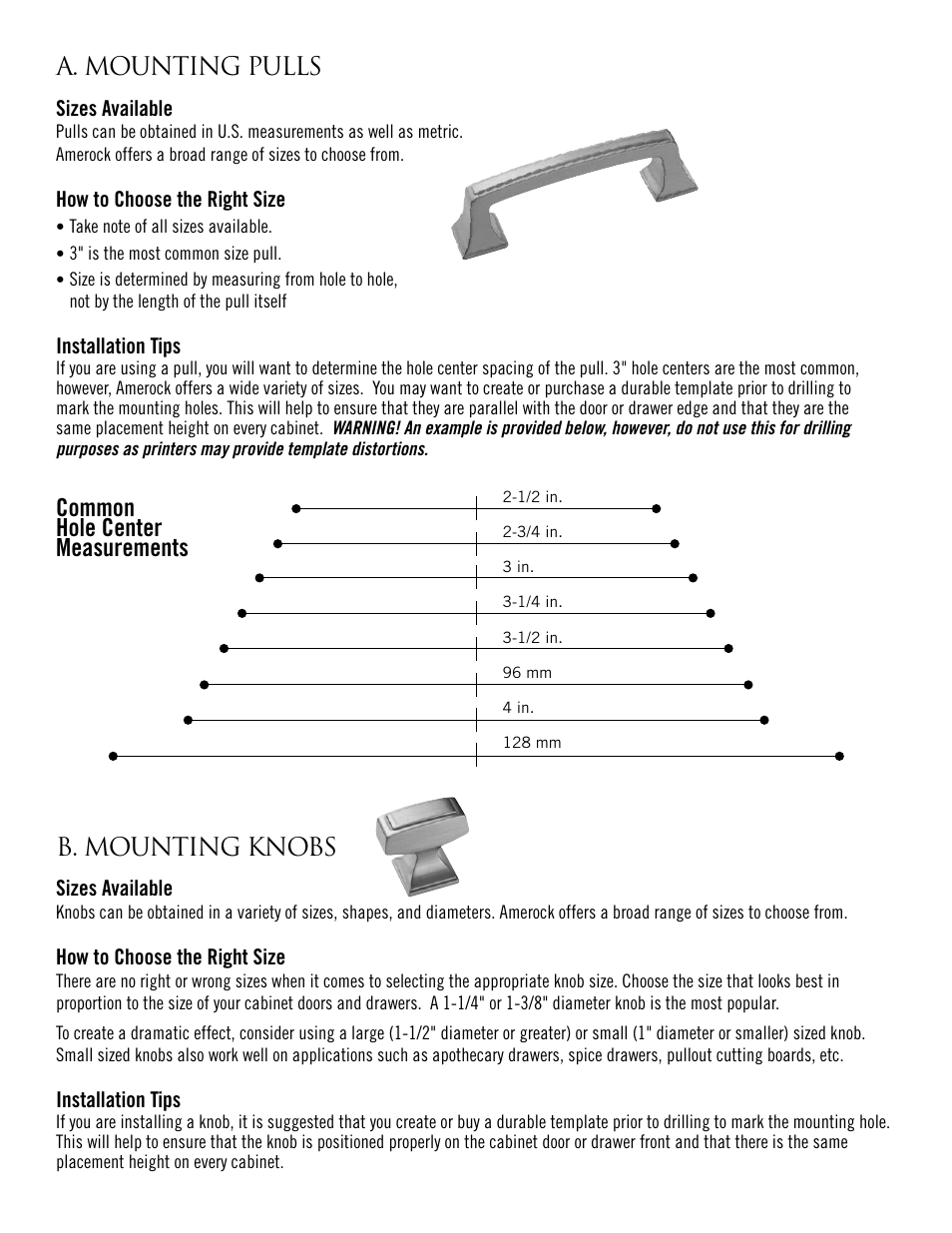 A. mounting pulls, Common hole center measurements b. mounting knobs | Amerock Knob & Pull User Manual | Page 2 / 3